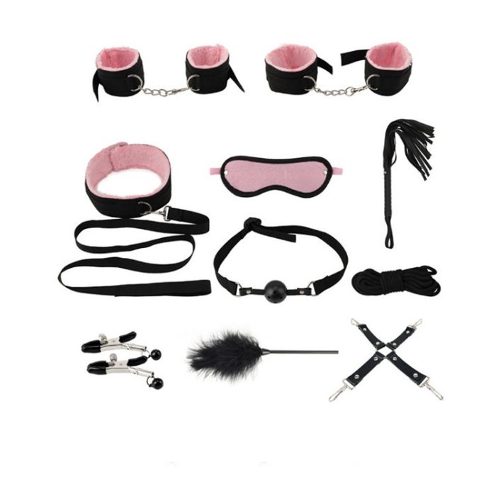 Set fetis negru cu puf roz, 10 piese, piele sintetica, cod produs joc-45