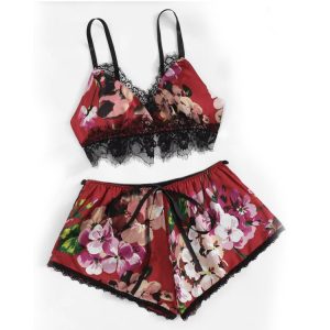 Pijamale rosii sexy cu imprimeu floral si dantela, cod produs CR28