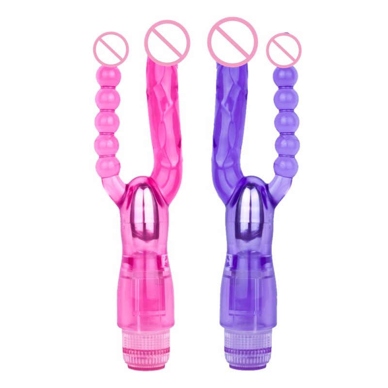 Vibrator dublu roz sau mov pentru penetrare simultana vagin si anus, cu vibratiii, necesita baterii
