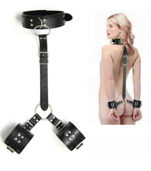 Cătușe BDSM cu guler și curea de legătură – piele ecologică premium, cod produs JOC-46